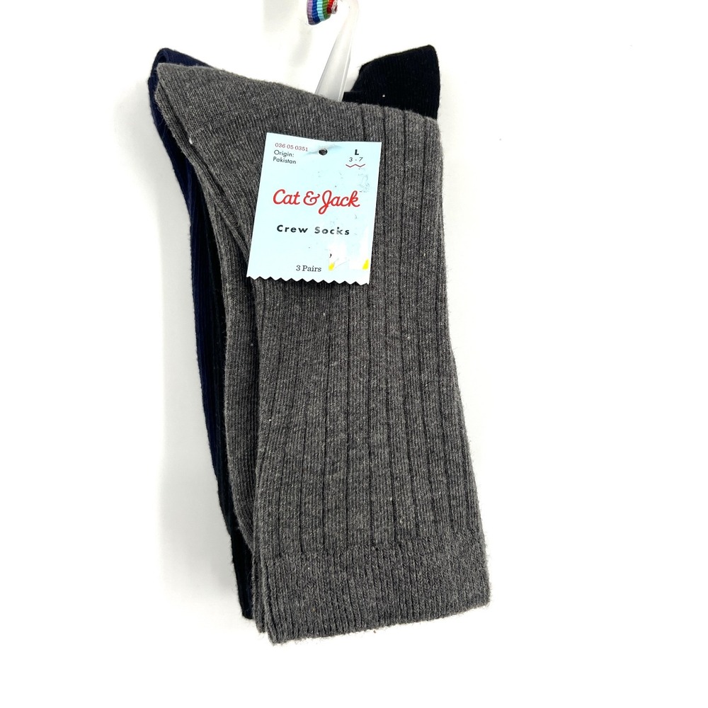 NEW Cat & Jack 3pk uniform crew socks navy grey black classic cotton blend L 3-7